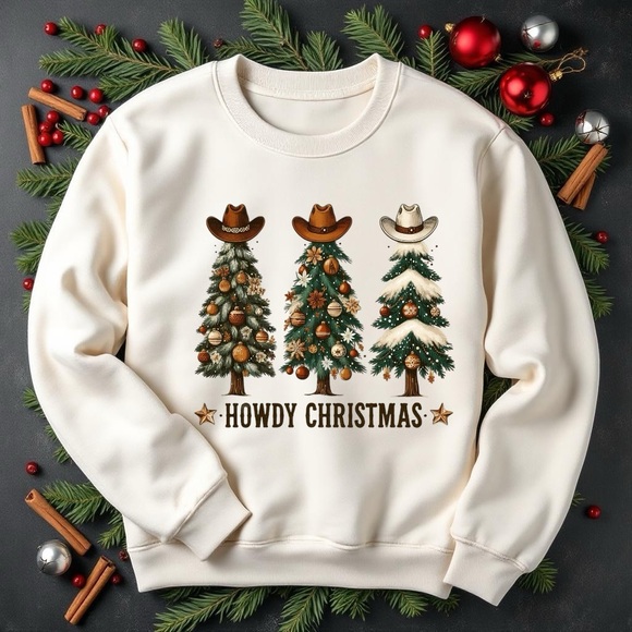 Christmas Tree Sweatshirt Howdy Christmas gifts Women Men soft fun cozy White - Picture 7 of 11
